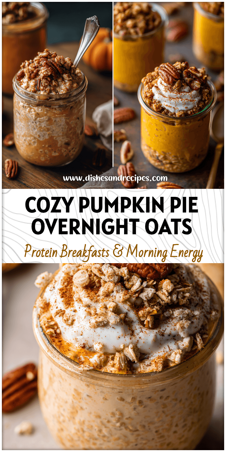 A jar of Pumpkin Pie Overnight Oats topped with pecan crumble and pumpkin spice for a cozy fall breakfast scene